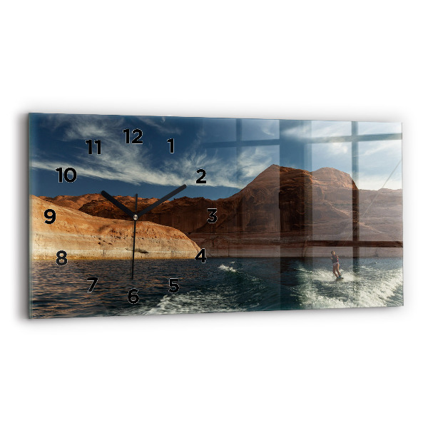 Glass wall clock rectangular Person on water skis