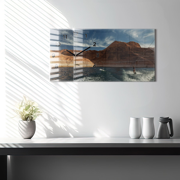 Glass wall clock rectangular Person on water skis