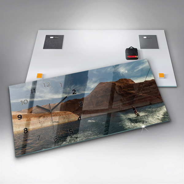 Glass wall clock rectangular Person on water skis