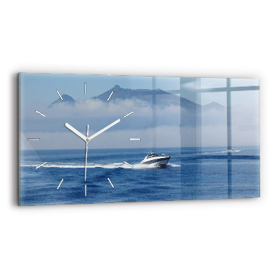 Glass wall clock rectangular A boat floating on the ocean