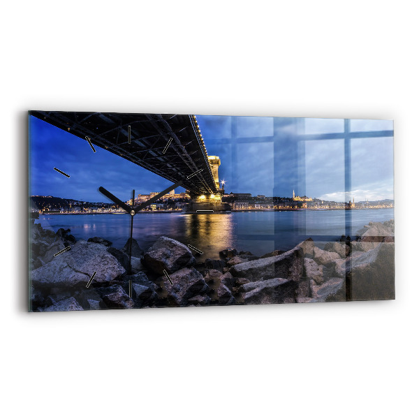 Glass wall clock rectangular Rocky shore under the bridge