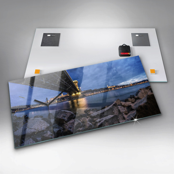 Glass wall clock rectangular Rocky shore under the bridge