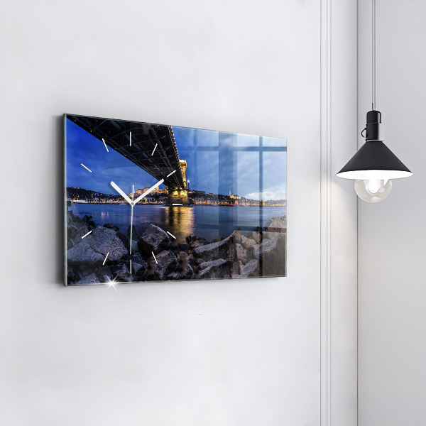 Glass wall clock rectangular Rocky shore under the bridge