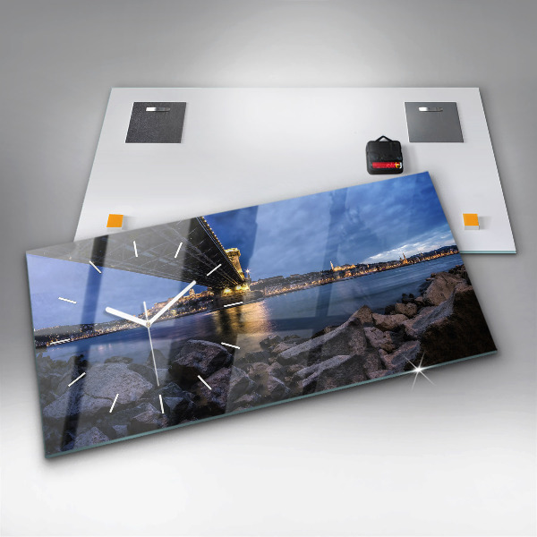 Glass wall clock rectangular Rocky shore under the bridge