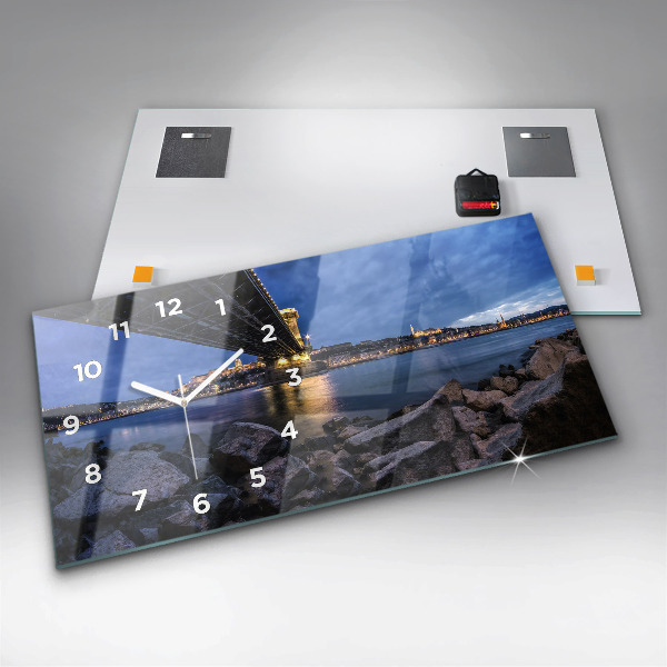 Glass wall clock rectangular Rocky shore under the bridge