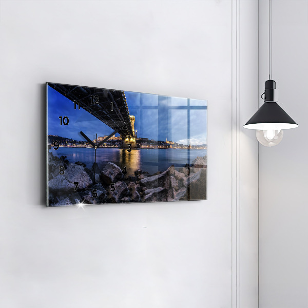 Glass wall clock rectangular Rocky shore under the bridge