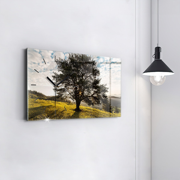 Glass wall clock rectangular A tree on a hill