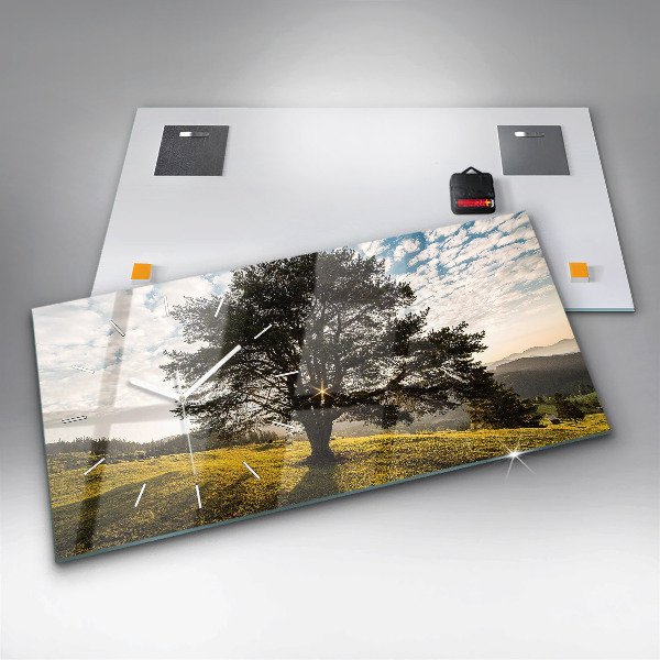 Glass wall clock rectangular A tree on a hill