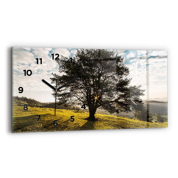Glass wall clock rectangular A tree on a hill