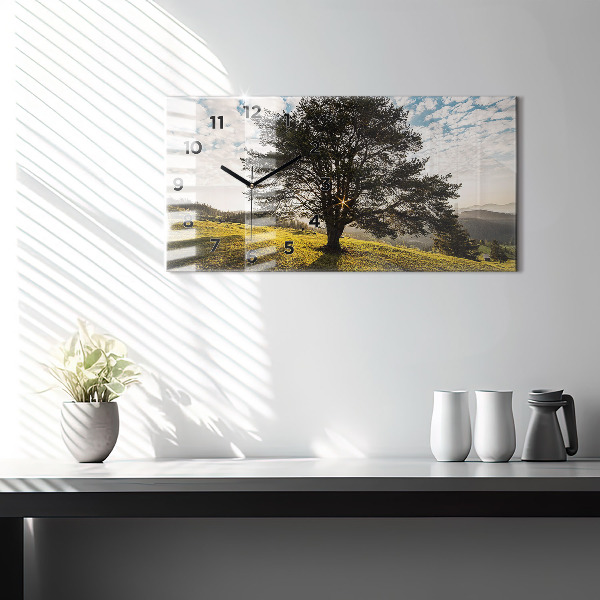 Glass wall clock rectangular A tree on a hill