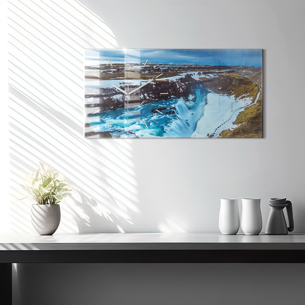 Glass wall clock rectangular Gullfoss Waterfall in Iceland