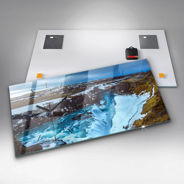 Glass wall clock rectangular Gullfoss Waterfall in Iceland