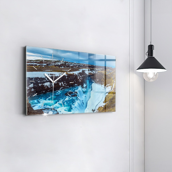 Glass wall clock rectangular Gullfoss Waterfall in Iceland