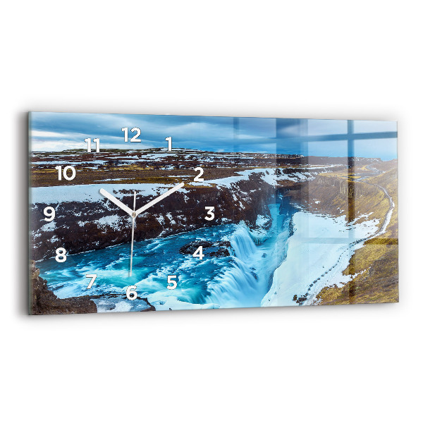 Glass wall clock rectangular Gullfoss Waterfall in Iceland