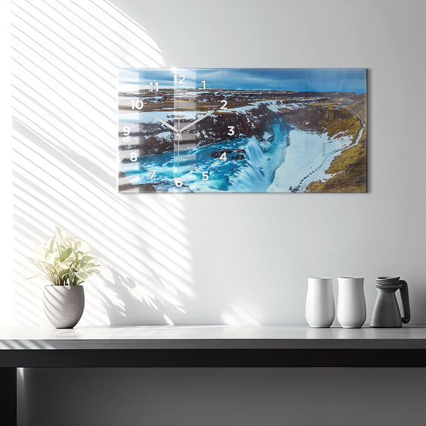 Glass wall clock rectangular Gullfoss Waterfall in Iceland