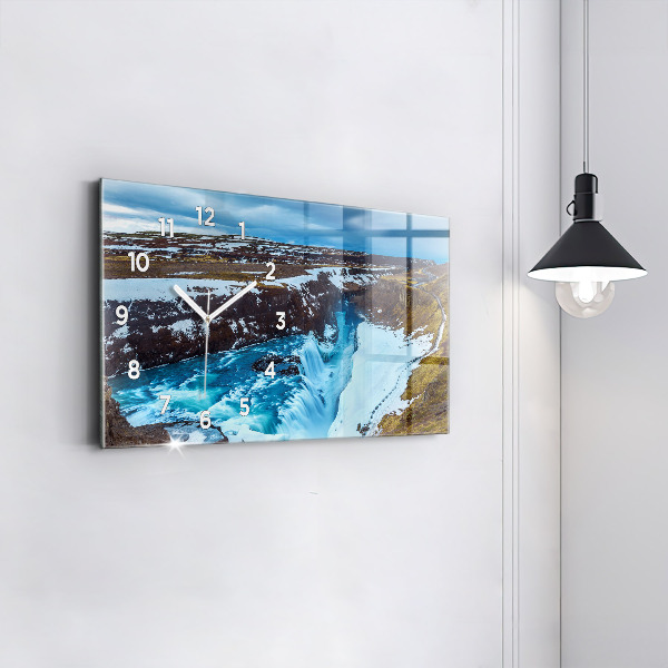 Glass wall clock rectangular Gullfoss Waterfall in Iceland