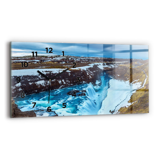 Glass wall clock rectangular Gullfoss Waterfall in Iceland