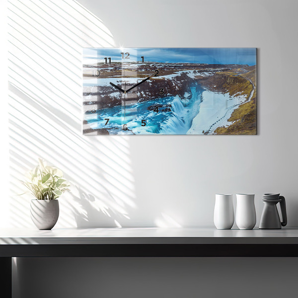 Glass wall clock rectangular Gullfoss Waterfall in Iceland