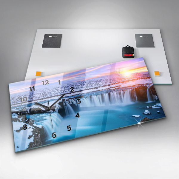 Glass wall clock rectangular Godafoss Waterfall Iceland