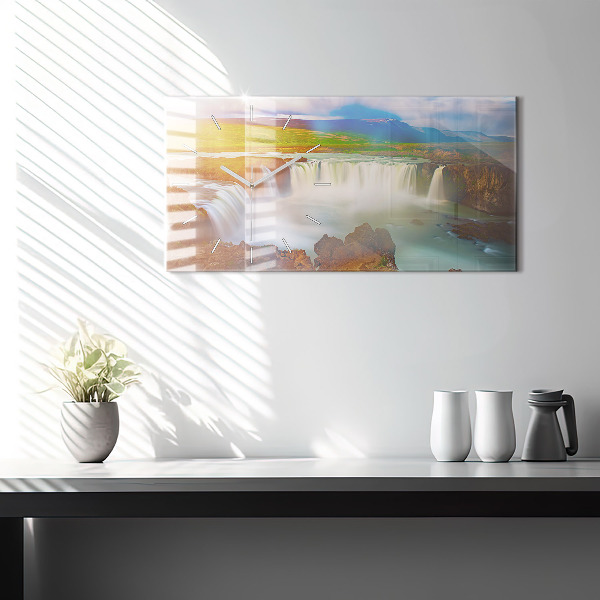 Glass wall clock rectangular Godafoss in Iceland