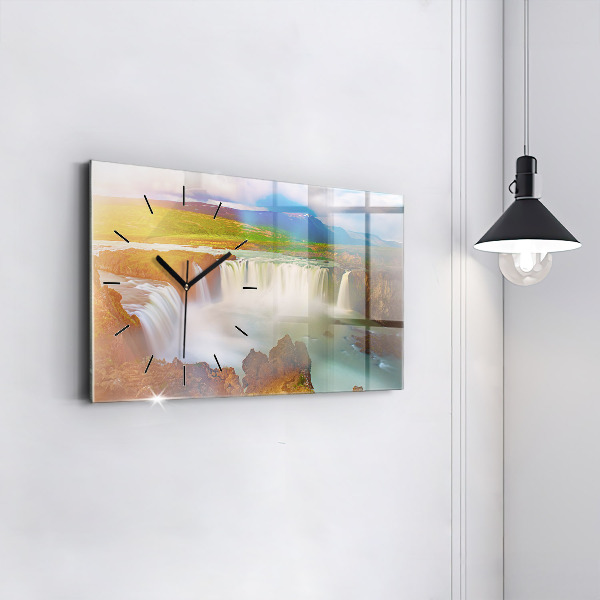 Glass wall clock rectangular Godafoss in Iceland