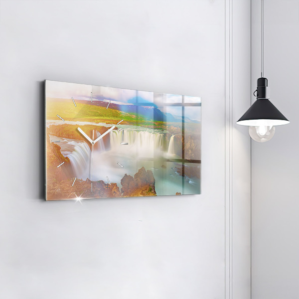 Glass wall clock rectangular Godafoss in Iceland
