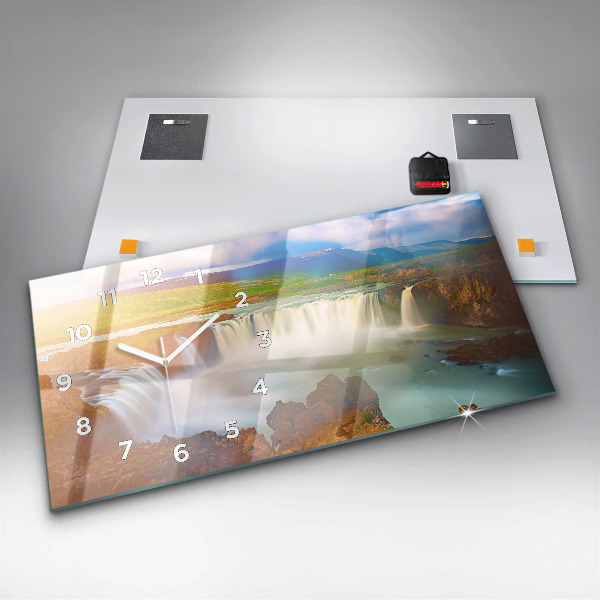Glass wall clock rectangular Godafoss in Iceland