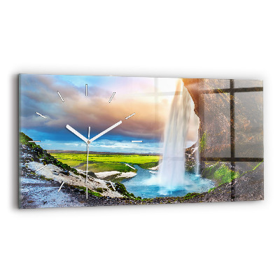Glass wall clock rectangular Waterfall in Iceland