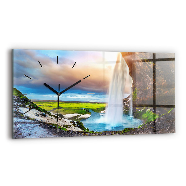 Glass wall clock rectangular Waterfall in Iceland
