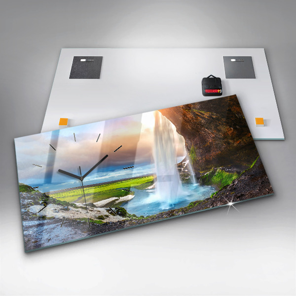 Glass wall clock rectangular Waterfall in Iceland