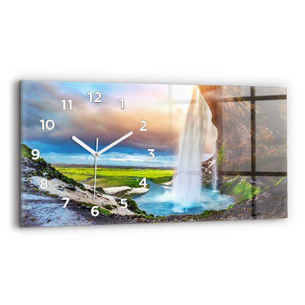Glass wall clock rectangular Waterfall in Iceland