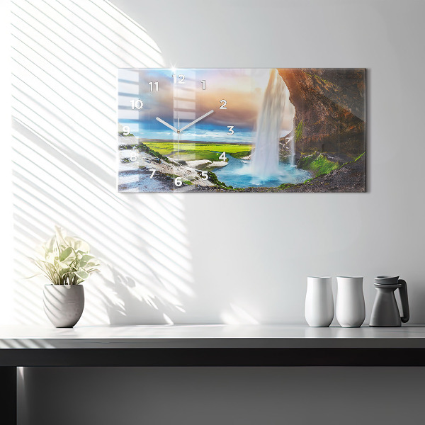 Glass wall clock rectangular Waterfall in Iceland