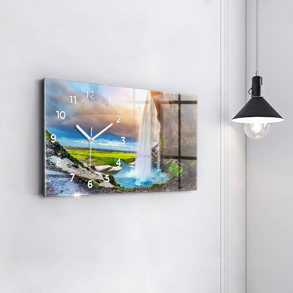 Glass wall clock rectangular Waterfall in Iceland