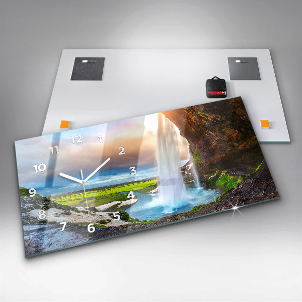 Glass wall clock rectangular Waterfall in Iceland