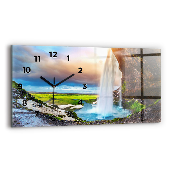 Glass wall clock rectangular Waterfall in Iceland