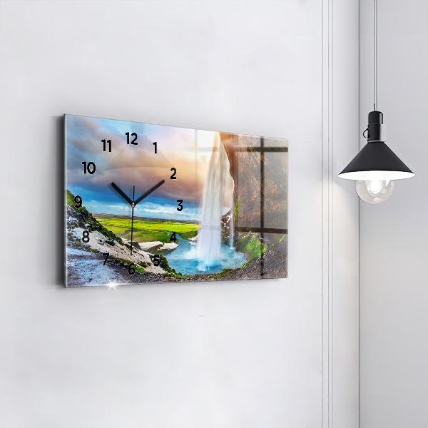 Glass wall clock rectangular Waterfall in Iceland