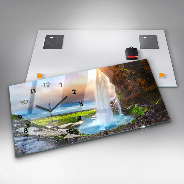 Glass wall clock rectangular Waterfall in Iceland