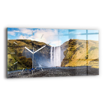 Glass wall clock rectangular Waterfall in Iceland