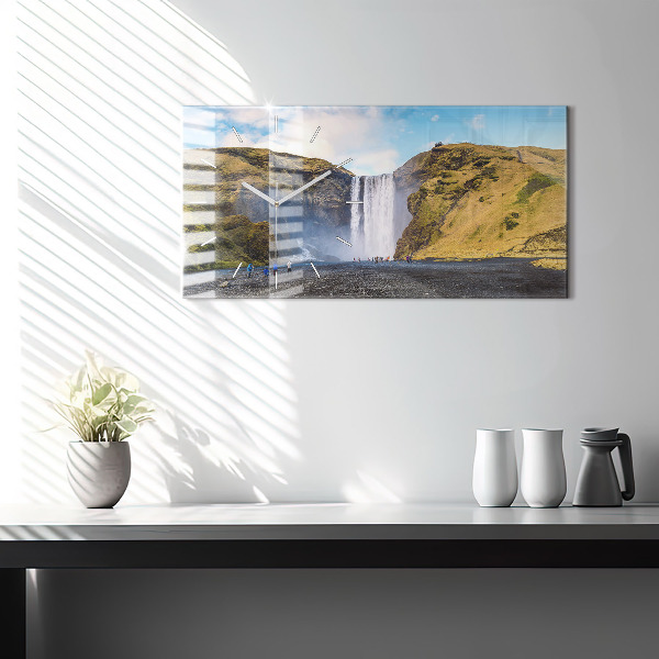 Glass wall clock rectangular Waterfall in Iceland