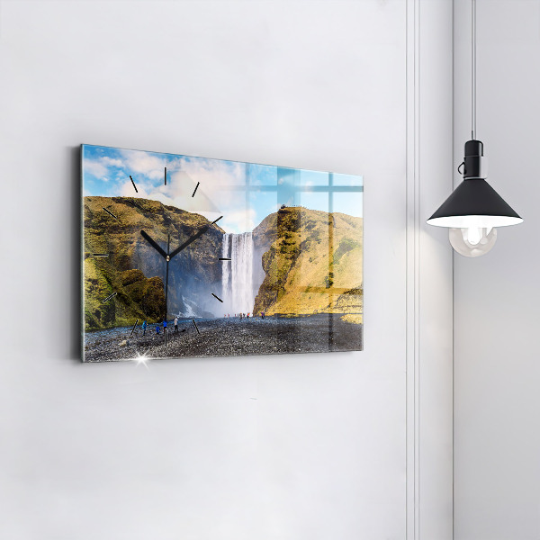 Glass wall clock rectangular Waterfall in Iceland