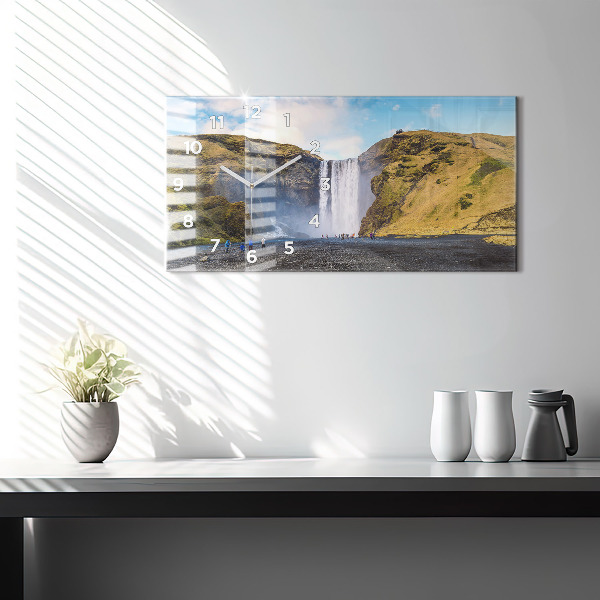 Glass wall clock rectangular Waterfall in Iceland