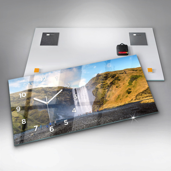 Glass wall clock rectangular Waterfall in Iceland