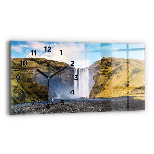 Glass wall clock rectangular Waterfall in Iceland