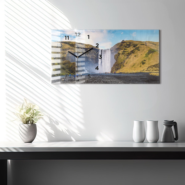 Glass wall clock rectangular Waterfall in Iceland
