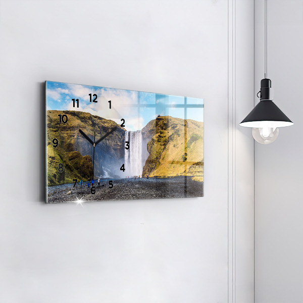 Glass wall clock rectangular Waterfall in Iceland