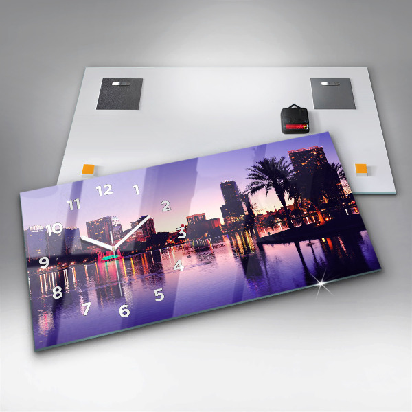 Glass wall clock rectangular Orlando city skyline