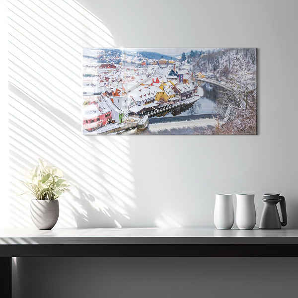 Glass wall clock rectangular Panorama of the city in winter