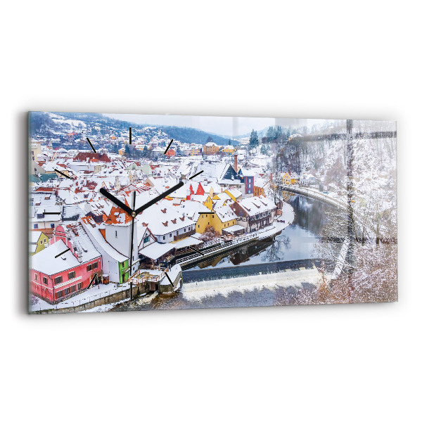 Glass wall clock rectangular Panorama of the city in winter