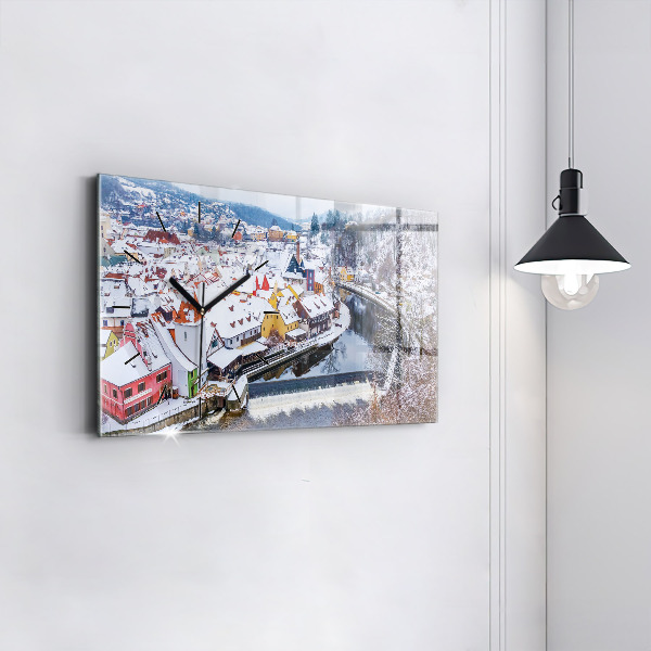 Glass wall clock rectangular Panorama of the city in winter
