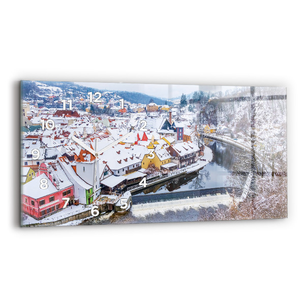 Glass wall clock rectangular Panorama of the city in winter